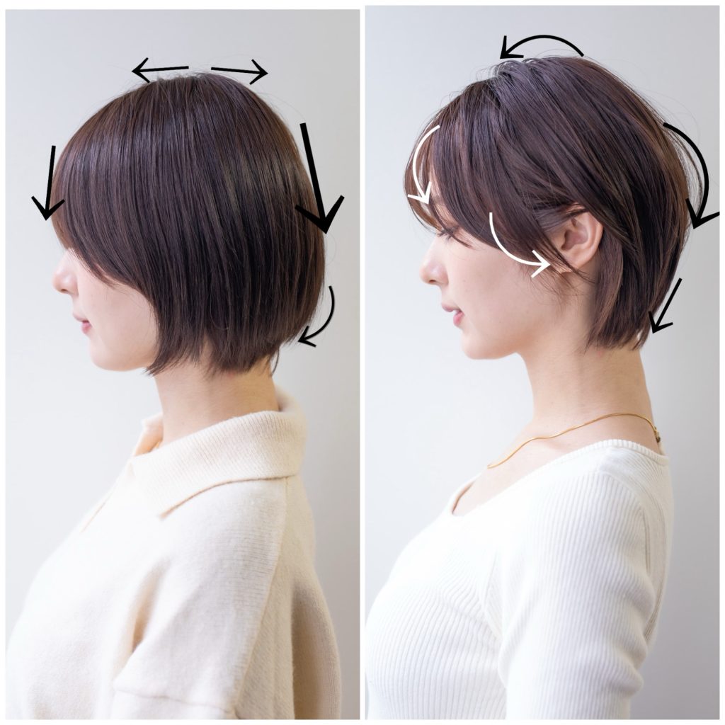 カット前のビフォーとアレンジしたフェミニンなショートのビフォーアフター