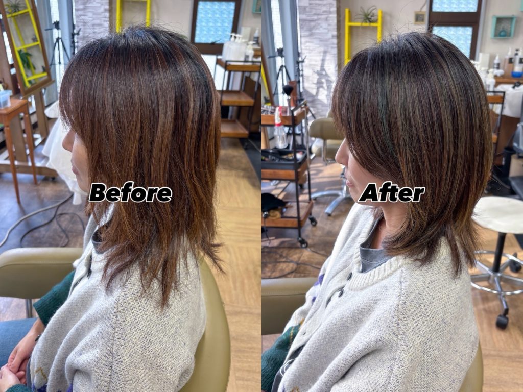 40代白髪割合10%のお客様、ミディアムレイヤーのスタイル